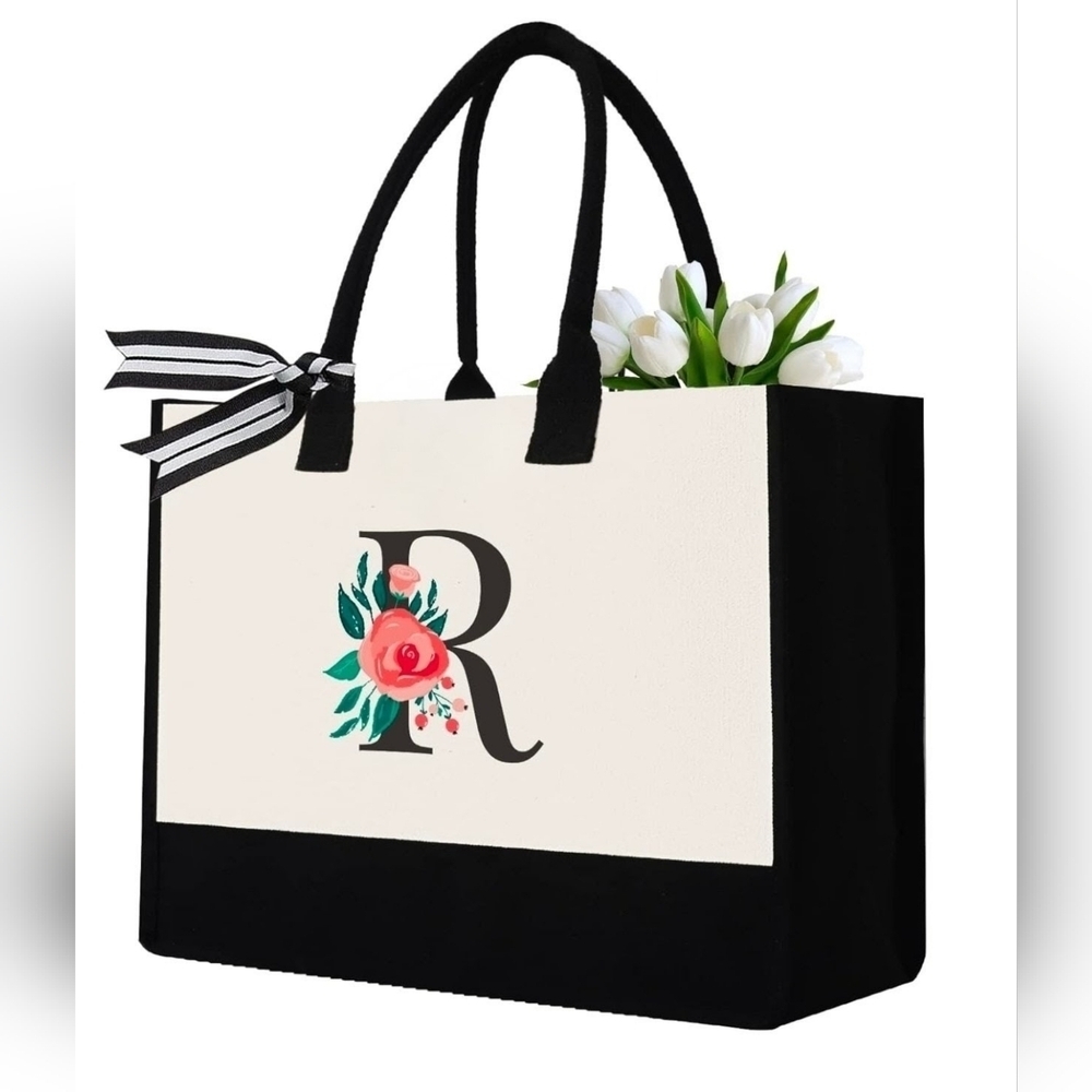 Monogrammed Floral Letter -R- Canvas Tote Bag Zipper Pocket Personalized Gift